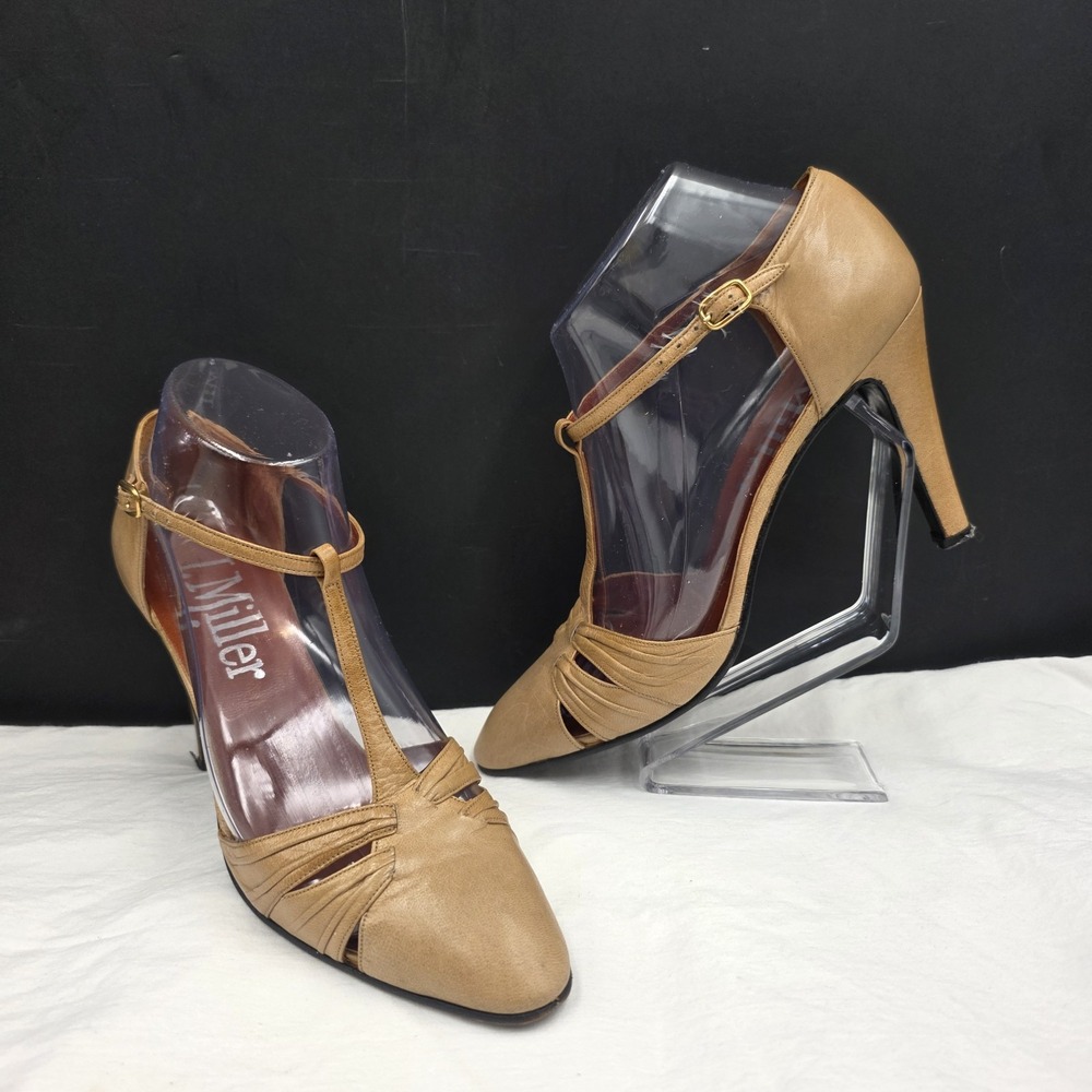VTG I Miller Taupe Leather T-Strap Heels Size 8 AA Narrow 3.5" Pumps‎ Classic